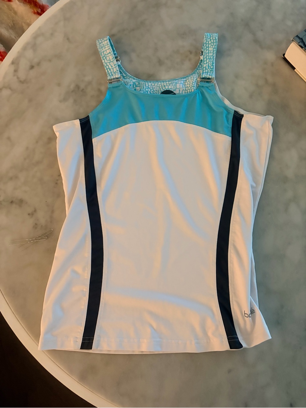 bolle White Tank with Aqua Yoke and Navy Stripes